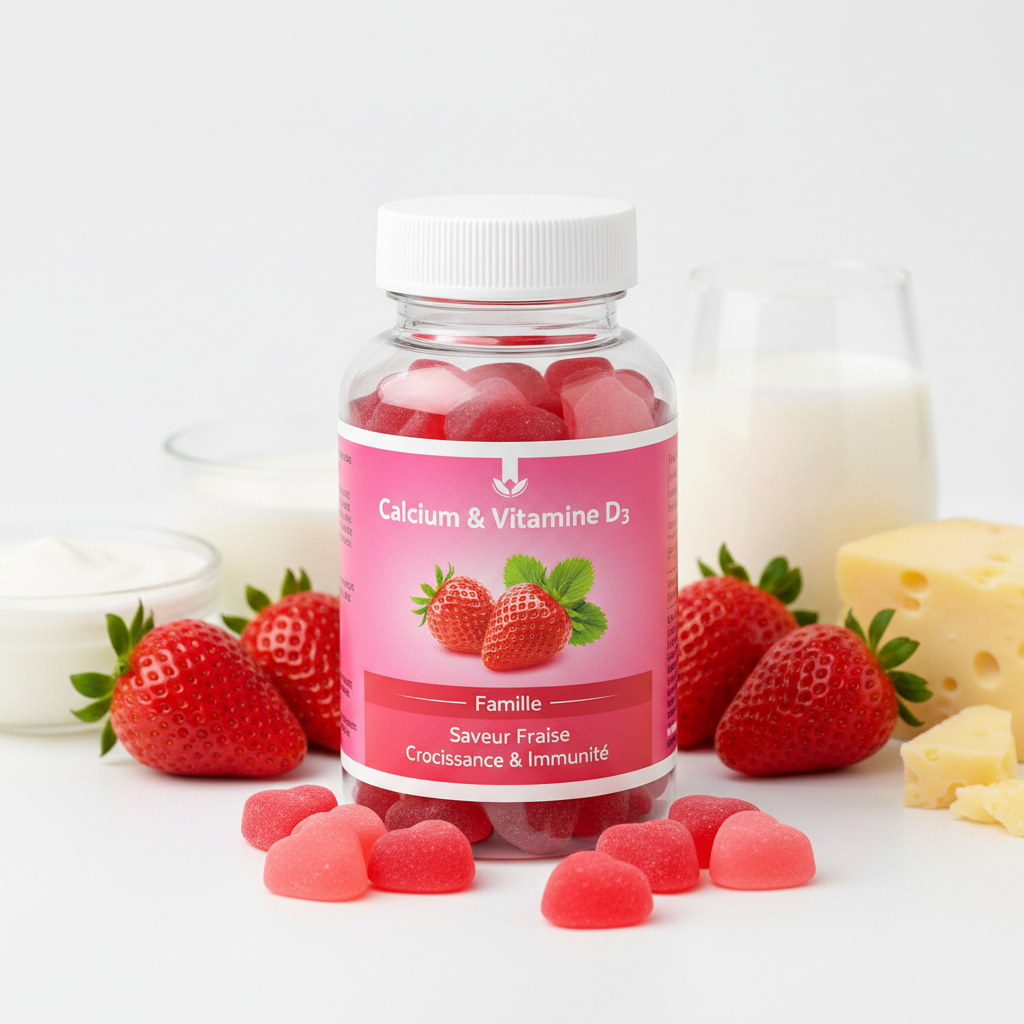 Gummies Calcium & Vitamine D3 Famille — Saveur Fraise | Croissance & Immunité pour Tous