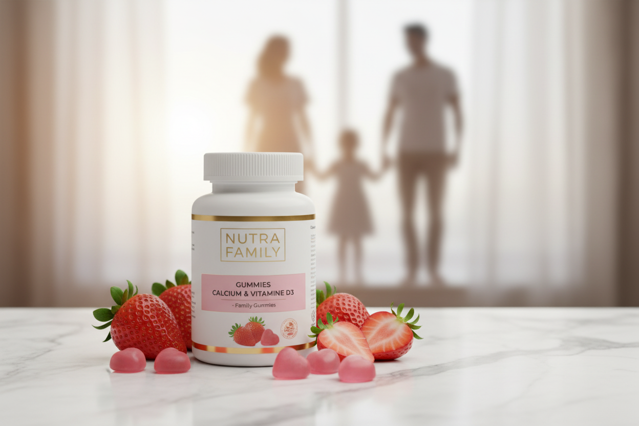 Gummies Calcium & Vitamine D3 Famille — Saveur Fraise | Croissance & Immunité pour Tous